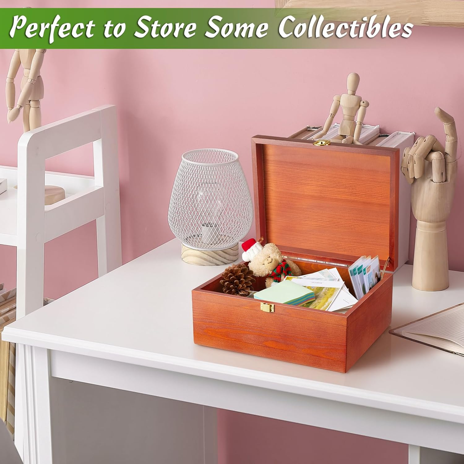 DRASTAR Large Wooden Keepsake Memory Box, Decorative Storage Box with Hinged Lid, Jewelry Gift Box with Lids, Brown